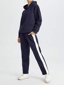 RueChic Letter Print Hooded Sweatshirt And Sweatpants Set - Navy Blue - View 4