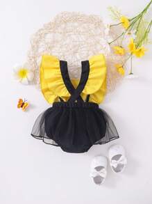 SHEIN Baby Girl Mesh Tutu Suspender Bodysuit With Bowknot, Spring/Summer Casual Party Clothes - Yellow - View 2