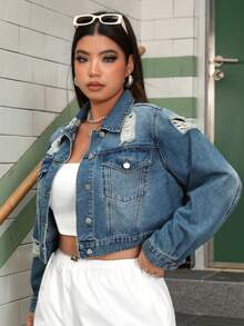 SHEIN EZwear Kích thước lớn Của phụ nữ Đau khổ Nút-Mặt trước Áo khoác denim Với Patch Túi - Rửa tối - Xem 3