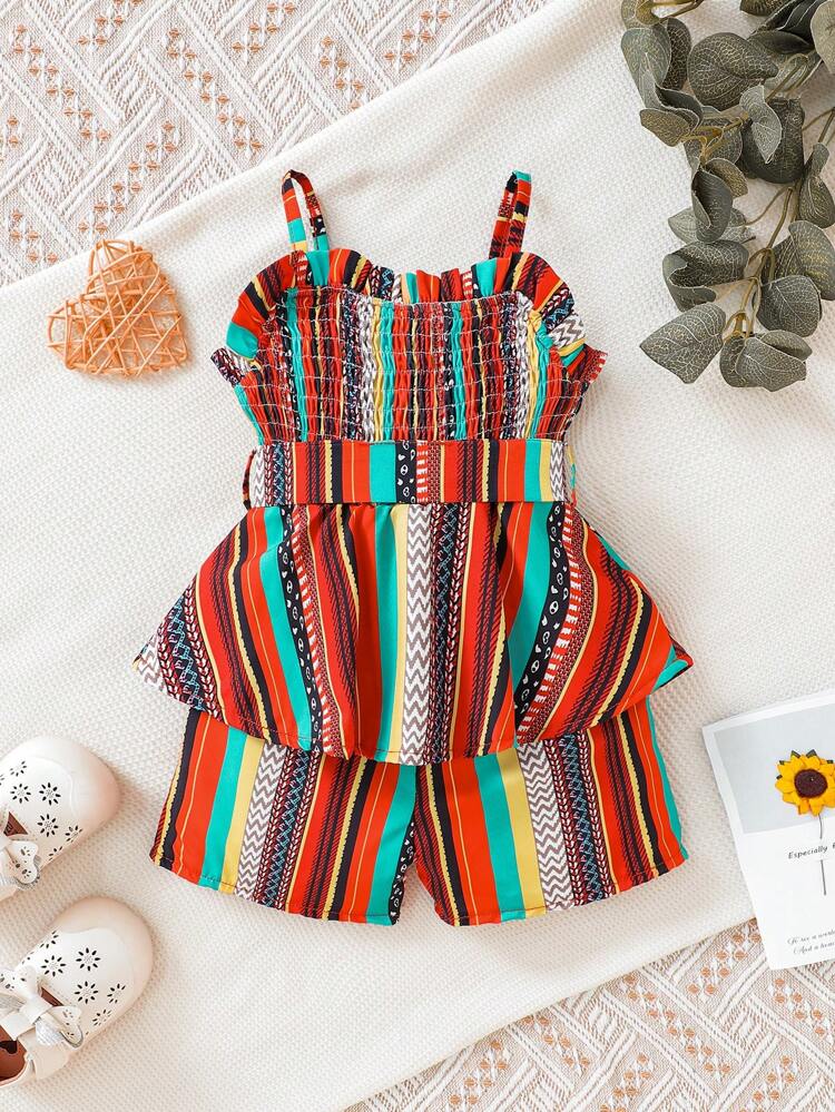 Baby Girl's Elegant Striped Beachwear Shirred Sleeveless Romper