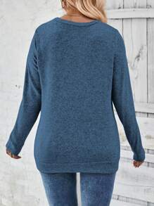 SHEIN LUNE Plus-Size Button Decor Long Sleeve T-Shirt - Blue - View 2