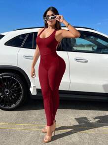 SHEIN SXY Của phụ nữ Không lưng Dây đeo chéo Chặt Áo liền quần - Màu Đỏ Sâu - Xem 5