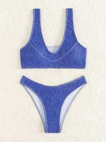 SHEIN Swim Solid Color Bikini Set Carnival Summer Beach - Blue - View 3