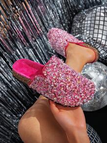 roulvxiang Novos chinelos de praia com lantejoulas para outono/inverno, sandálias de férias, chinelos rasos para uso doméstico, sandálias rasas sem cadarço para mulheres, mule - Rosa Avermelhado - Ver 1