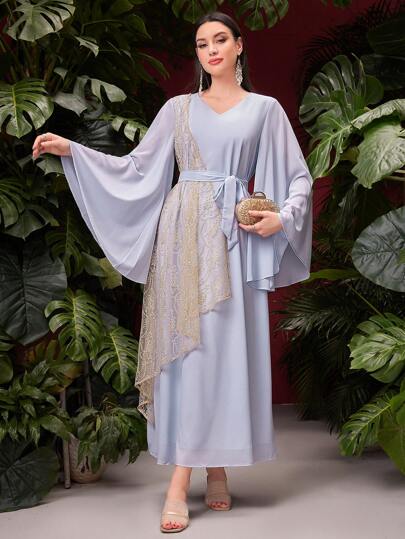 Al Najma Women'S Embroidered Mesh Contrast Flare Sleeve Loose Dress Kaftan Jalabiya Dress