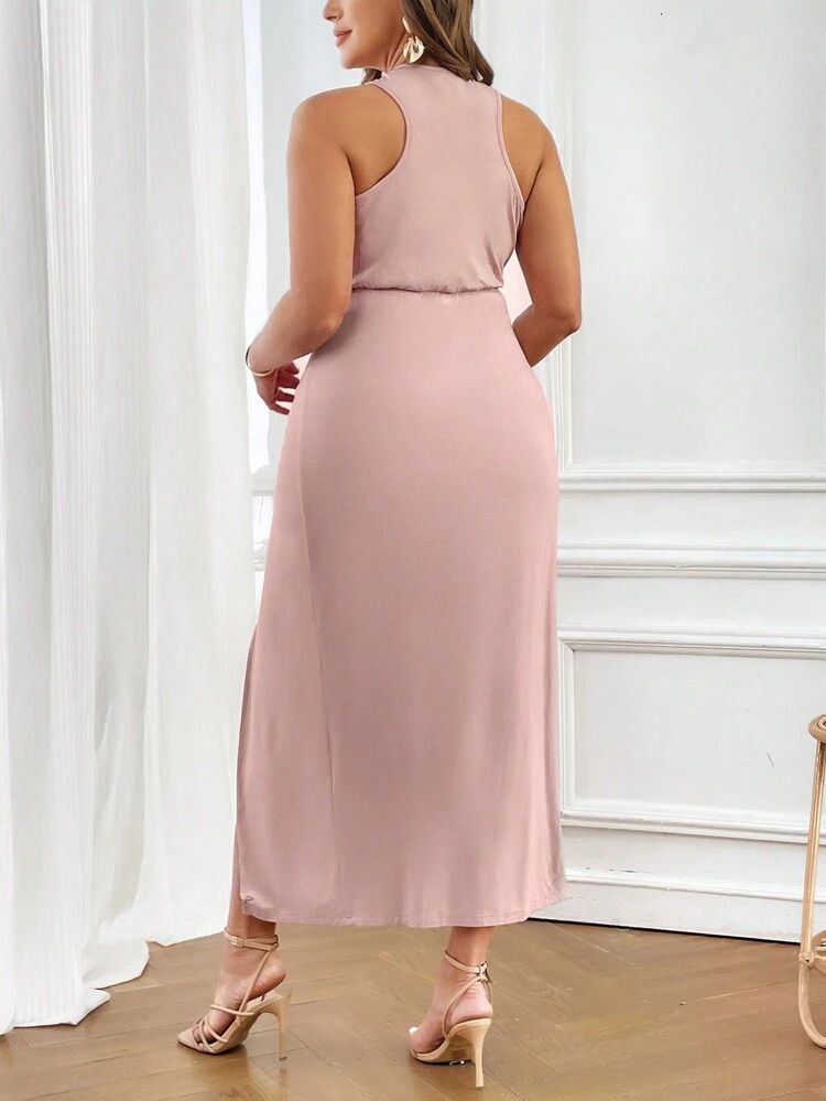 Women's Plus Size Round Neck Slit Ruched Dress, Wedding Guest Dress