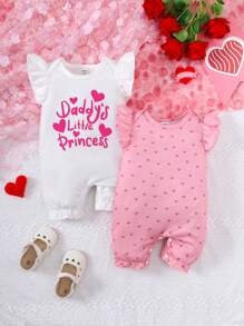 SHEIN 2pcs Baby Girl Heart Print Cap Sleeve Knitted Romper With Slogan And Ruffle Hem, Spring/Summer - Multicolor - View 4