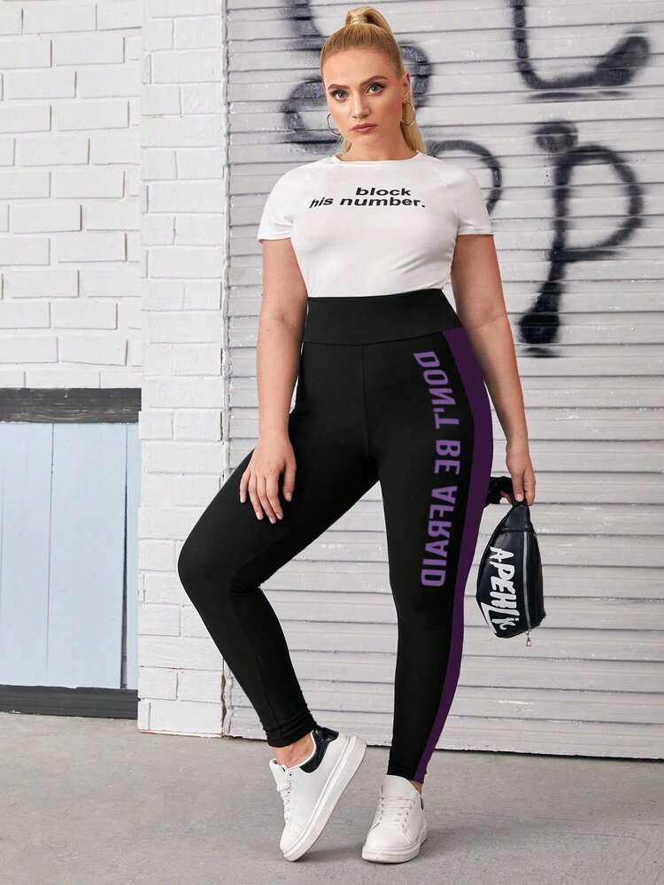 Plus Size Color Blocking Letter Printed Leggings Fall Cloth For Women