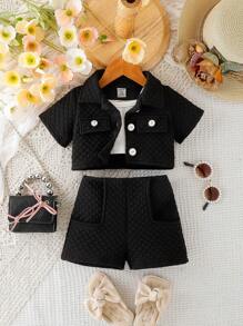 女寶寶夏季休閒街頭風格甜美套裝 - 黑色 - 查看 1