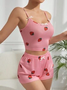 Conjunto De Pijama Con Estampado De Fresas Y Lazo Decorativo Para Mujer - Multicolor - Ver 1