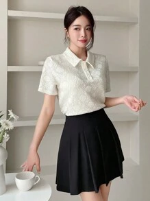 Dazy Designer Solid Color Textured Polo Collar T-Shirt,Business Casual Women