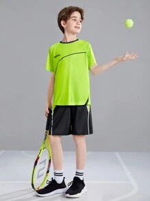 SHEIN Cậu bé Tween Lá thư In Phù hợp Thể thao Áo thun Quần short Quần áo thể thao Bộ - màu xanh lá - Xem 4