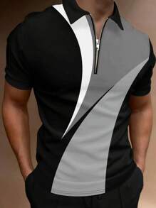 Manfinity Homme Men Half Placket Zipper Color Block Short Sleeve Vintage Golf Collared Polo Shirt, For Daddy