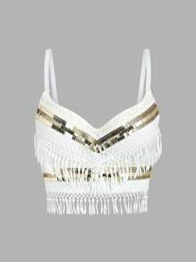 EgrlEra Áo tank top nữ phối ren lấp lánh kiểu Y2K - trắng - Xem 1