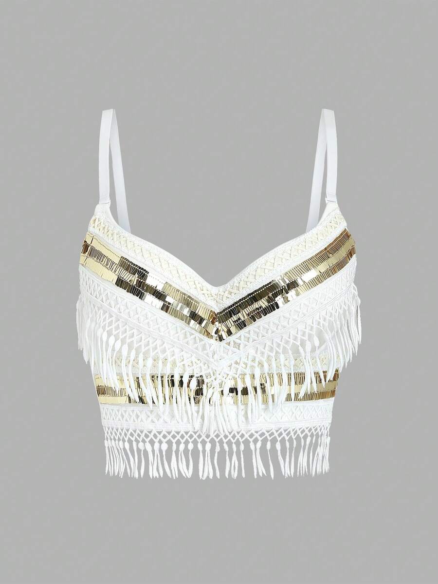 EgrlEra Áo tank top nữ phối ren lấp lánh kiểu Y2K - trắng - Xem 1