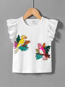 SHEIN 年轻女孩针织纯色鹦鹉印花圆领盖袖 T 恤 - 白色 - 查看 1