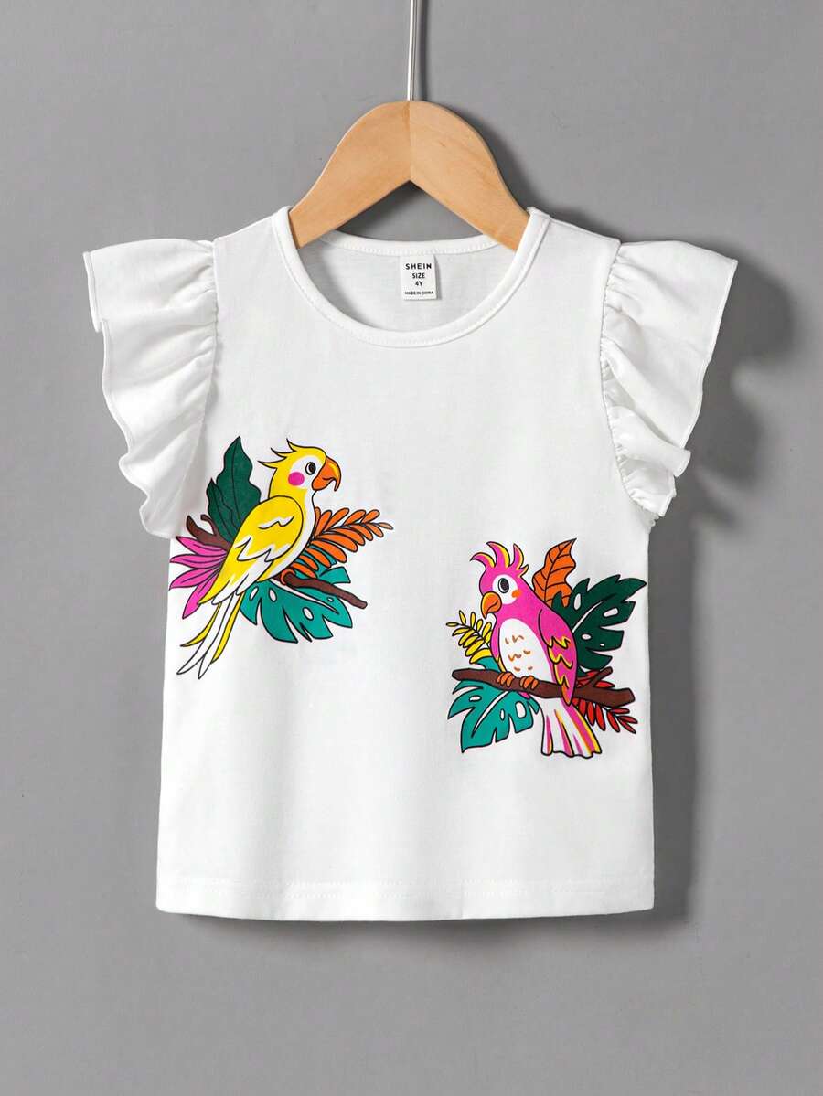 SHEIN 年轻女孩针织纯色鹦鹉印花圆领盖袖 T 恤 - 白色 - 查看 1