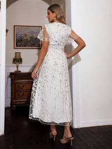 Simplee Women's V-Neck Embroidered Mesh Dress - White - View 2