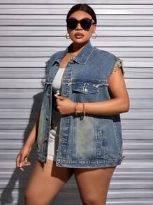 SHEIN SXY Của phụ nữ Kích thước lớn Nút phía trước Frayed Denim Áo khoác vest - Màu xanh lam - Xem 5