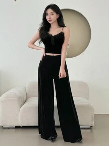 DAZY 女款拼接蕾絲背心褲寬褲套裝 - 黑色 - 查看 4