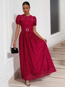 SHEIN Belle 勃艮第红色圆领泡泡袖短袖系带蕾丝花朵连衣裙