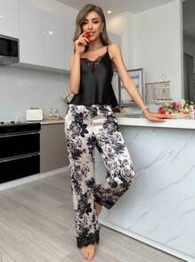 LuxeNights Ladies' Lace Trimmed Spaghetti Strap Top & Printed Pants Pajama Set - Black - View 4