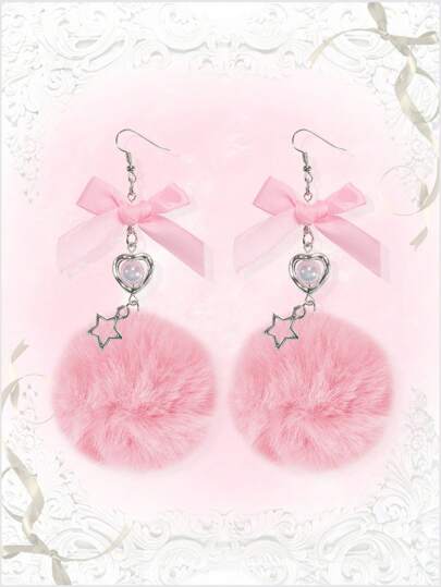 Kawaii 2 pièces Boucles d'oreilles avec pompon rose mignon, cœur, nœud papillon et étoile pendante, idées cadeaux pour la Saint-Valentin, la mère, la fête des mères