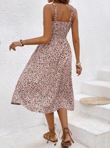 SHEIN Frenchy 全印花高衩設計細肩帶連身裙 - 粉色 - 查看 2