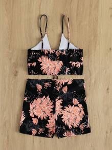 SHEIN Swim Summer Beach Tropical Tankini Set Drawstring Front Cami Top & V-Waist Shorts Bottom 2 Piece Bathing Suit - Multicolor - View 2