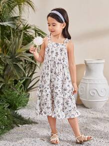 SHEIN Gaun Gadis Muda Frill Simpul Tiered Layer Bunga All Over Print Boho - Putih - View 5