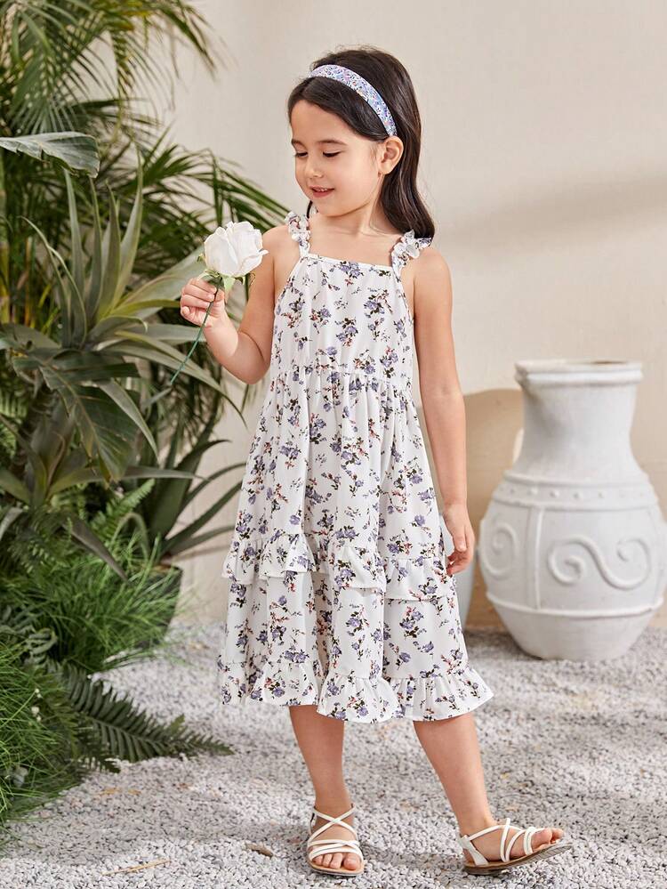 Young Girl's Loose Fit Casual Spaghetti Strap Floral Printed Dress