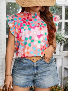 Breezaya Blusa De Talla Grande De Mujer Con Diseño Floral Impreso Y Volantes En Las Mangas