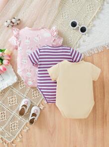 SHEIN Baby Girl Simple & Fashionable Pink Rabbit Printed Yellow Rabbit Printed Purple Striped 3pcs Short Sleeve Romper Pajamas - Multicolor - View 2