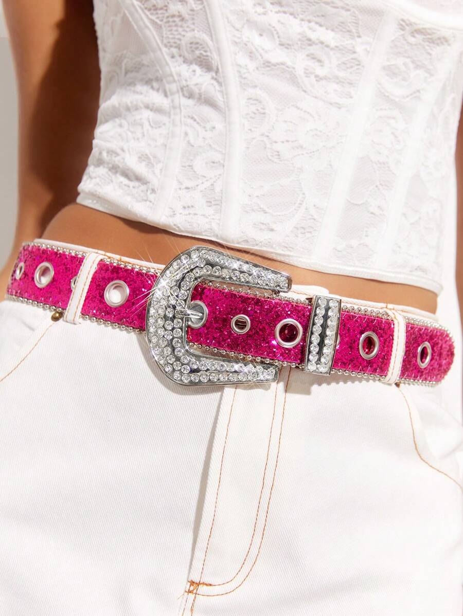 SHEIN BAE Rose Sequin & Rhinestone Decor Waist Belt Party Valentines - Hot Pink - View 1