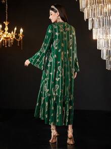 Al Najma 女士烫金印花刺绣荷叶边长款 Jalabiya 连衣裙，优雅晚会礼服