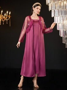 Modelyn Bộ áo khoác lưới dài tay đính sequin và váy hai dây cho nữ Bộ 2 món - Đỏ - Xem 4