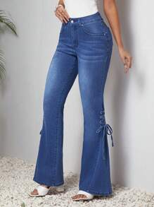SHEIN LUNE Tie Waist Flared Denim Pants - Blue - View 2