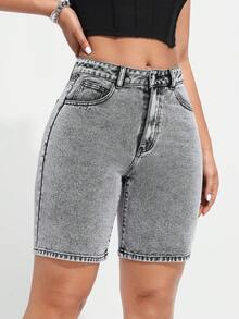 SHEIN EZwear Của phụ nữ Thon gọn Quần short Denim Với Nghiêng Túi - Xám - Xem 5