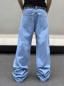 Manfinity Roghcode Men's Distressed Jeans With Lips, Stars, And Letter Print, Graphic Wide Jeans Long Baggy Royal Blue Cartoon Washed Cargo Jeans, For Husband, Boyfriend Gifts - Blue - View 3