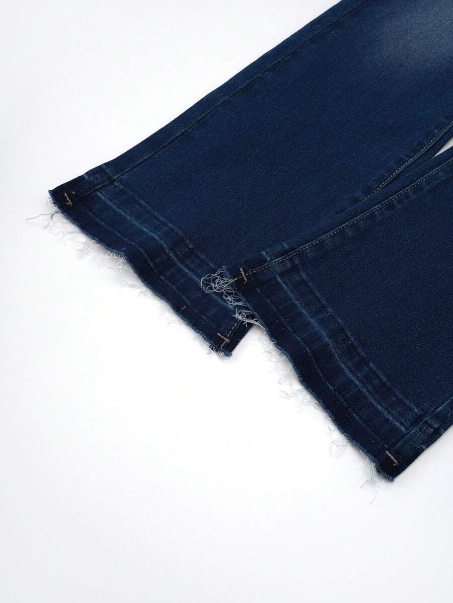 Tween Girls' Y2k Vintage Deep Blue Washed Elastic Slim Fit High Waist Flared Jeans SHEIN USA