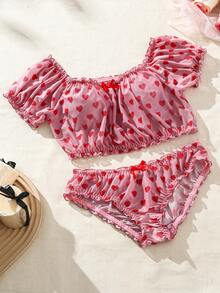 SHEIN 情人節女士心形印花挑逗肩短袖性感內衣套裝 - 粉色 - 查看 2