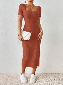 SHEIN Frenchy 女式方领修身高开叉方领纹理面料夏季连衣裙