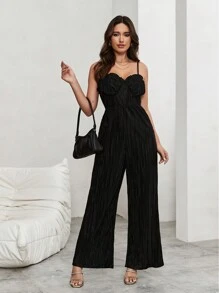 SHEIN Privé Salopetă elegantă pentru femei, plisată, cu picioare largi, cu garnitură cu volane și curea reglabilă, perfectă pentru vară și vacanță - Negru - Vizualizare 1