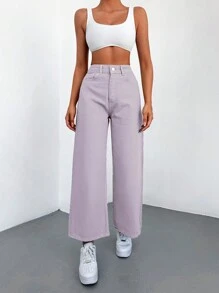 Cottnline Letter Patched Wide Leg Jeans - Purple - View 5