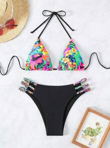 SHEIN Swim Bộ bikini dây in hình cây dành cho nữ Lễ hội âm nhạc Bãi biển mùa hè - Nhiều màu - Xem 6