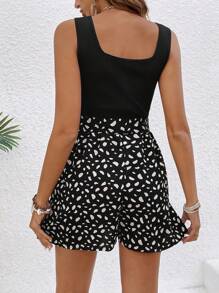 SHEIN Frenchy Graphic & Leopard Print Belted Romper For Summer Vacation,Teacher Clothes,4th Of July Women,Back To School Outfits,Women's Old Money Outfits Casual