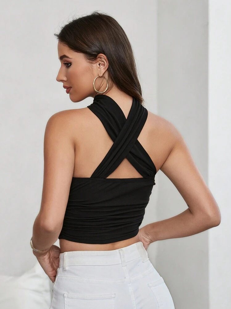SHEIN Privé Top De Tanque Para Mujeres Con Detalle De Volantes Cruzados Con Correas Anchas Para Los Hombros - Negro - Ver 2
