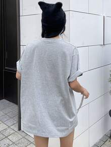 DAZY 女性寬鬆印字街頭風t恤 - 灰色 - 查看 2