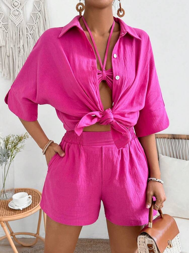 Women'S Solid Color Button Down Cardigan Set