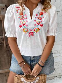 Breezaya Áo cánh Boho cổ khoét hoa cỡ lớn mùa hè - trắng - Xem 1